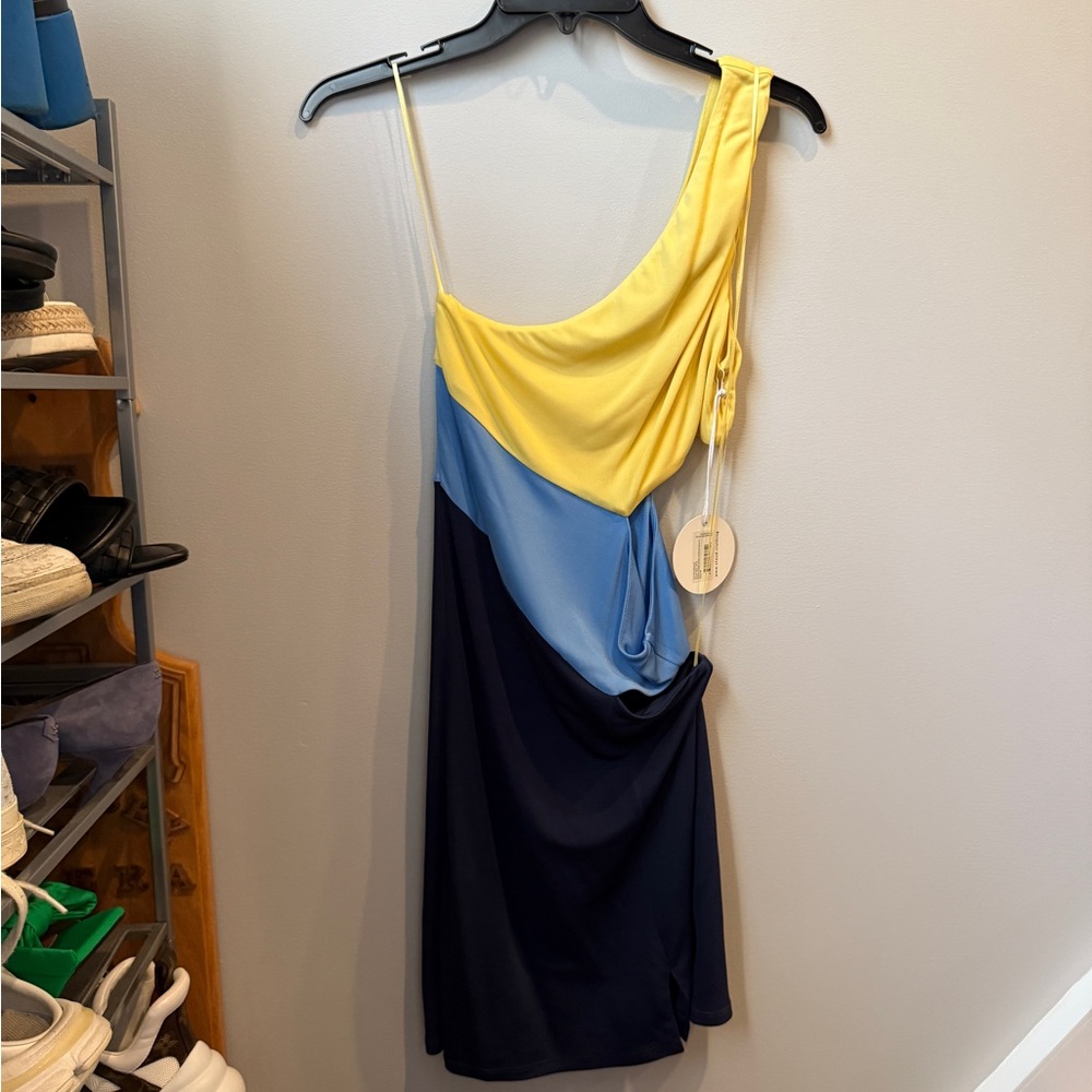 STAUD Yellow Blue One Shoulder Dress